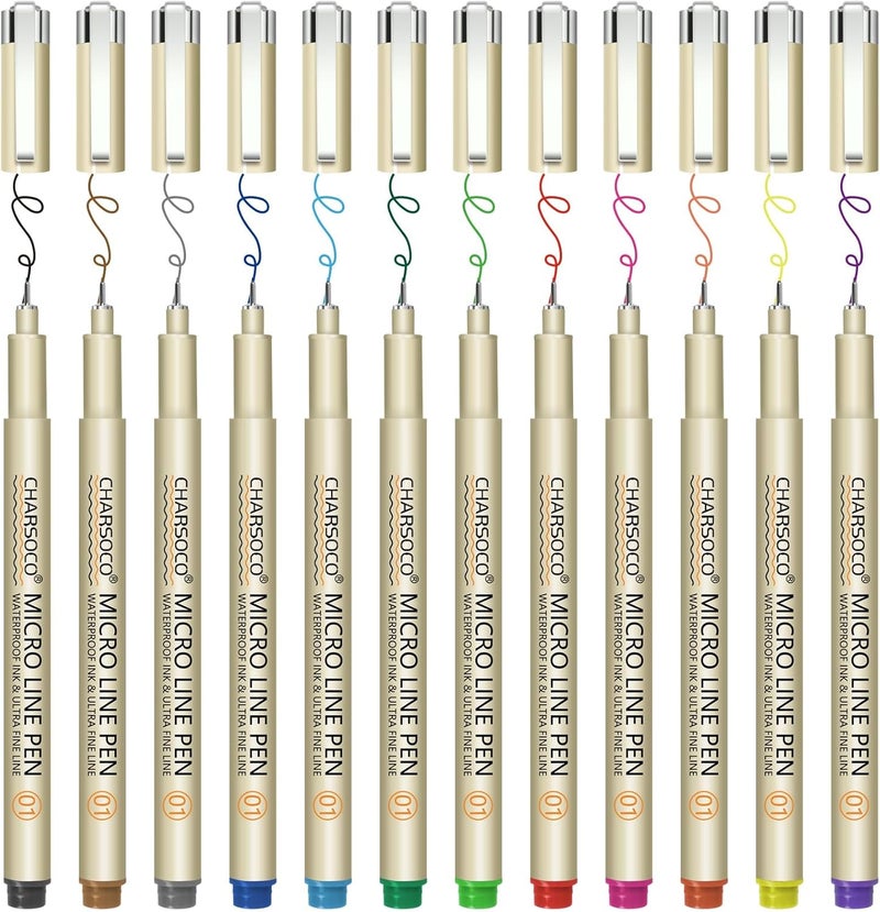 CHARSOCO 01 Micro Pen, Fine Point Pen with 12 Colors, Waterproof Archival Ink, 0.25mm Fineliner Ink Pens for Artist Illustration, Sketching, Anime, Manga, Technical Drawing and Scrapbooking - Image 1